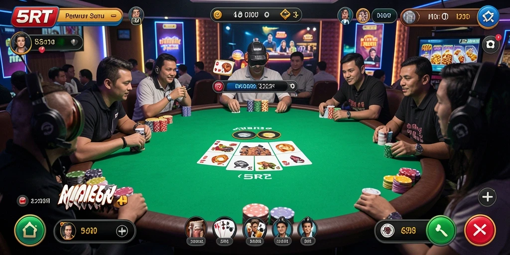 Screenshot 5RT yang menunjukkan aksi gameplay Poker yang mendebarkan.