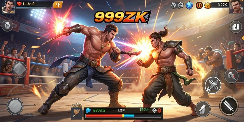 Screenshot utama 999ZK menampilkan aksi pertempuran seru.