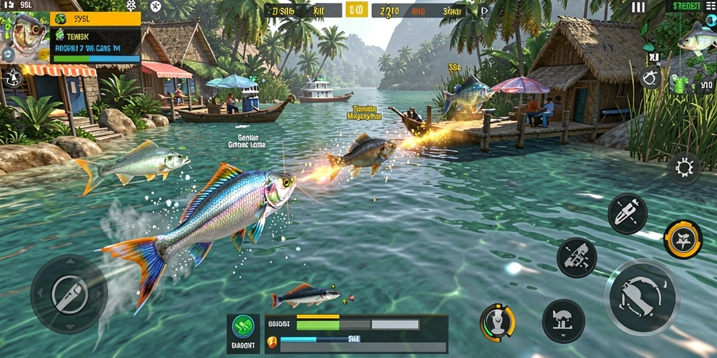 Screenshot 9SL menampilkan momen menangkap ikan yang seru dengan grafis menarik.