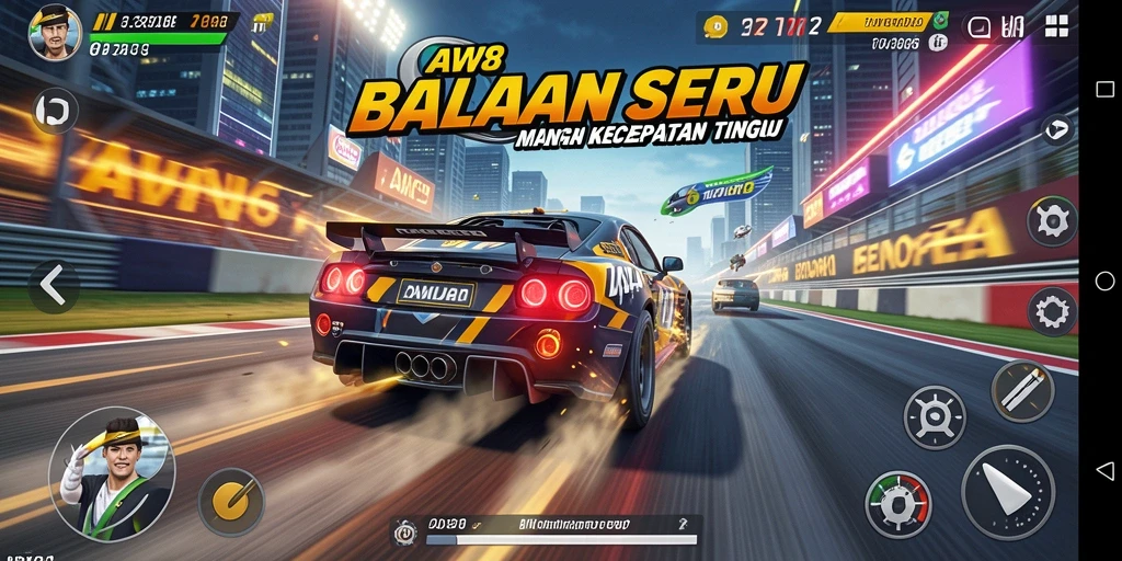 Tangkapan layar utama AW8 menampilkan aksi balapan yang mendebarkan.