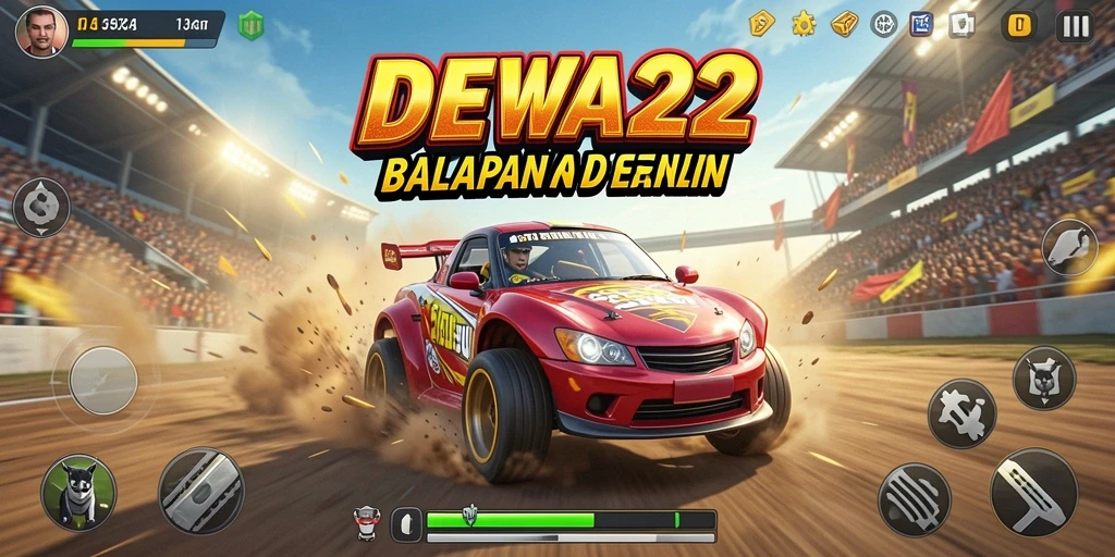 Screenshot gameplay DEWA22 dengan mobil balap di lintasan.