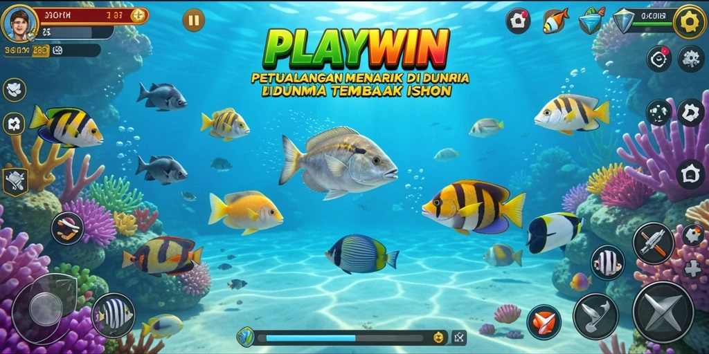 Tampilan gameplay seru saat menembak ikan berwarna-warni di <strong>PLAYWIN</strong>.